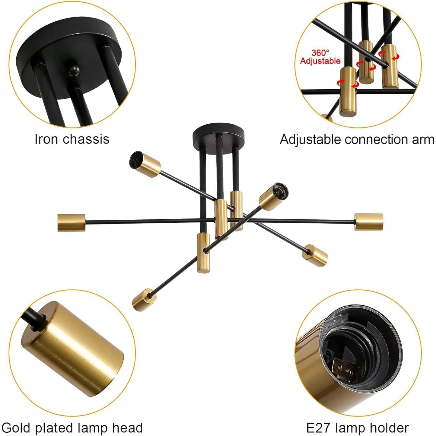 Vintage 6-light industrial Ceiling Candelier with Gold